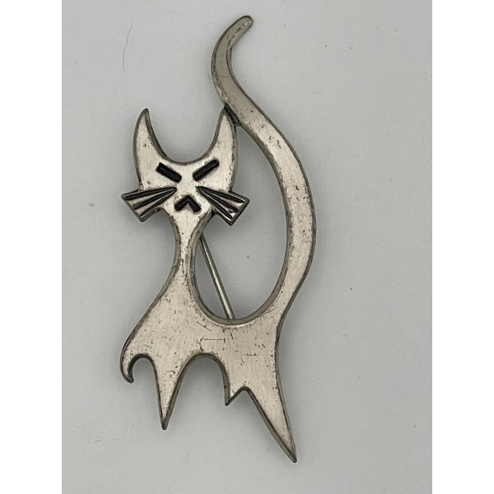 BEAU Signed Modernist Sterling Silver Cat Brooch Pin
